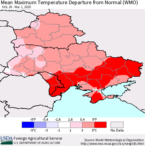 Ukraine, Moldova and Belarus Mean Maximum Temperature Departure from Normal (WMO) Thematic Map For 2/24/2020 - 3/1/2020