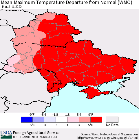 Ukraine, Moldova and Belarus Mean Maximum Temperature Departure from Normal (WMO) Thematic Map For 3/2/2020 - 3/8/2020