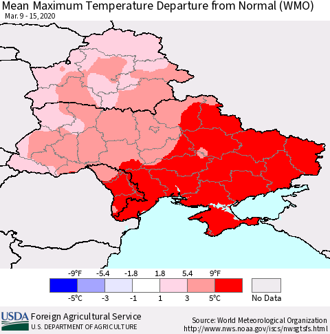 Ukraine, Moldova and Belarus Mean Maximum Temperature Departure from Normal (WMO) Thematic Map For 3/9/2020 - 3/15/2020