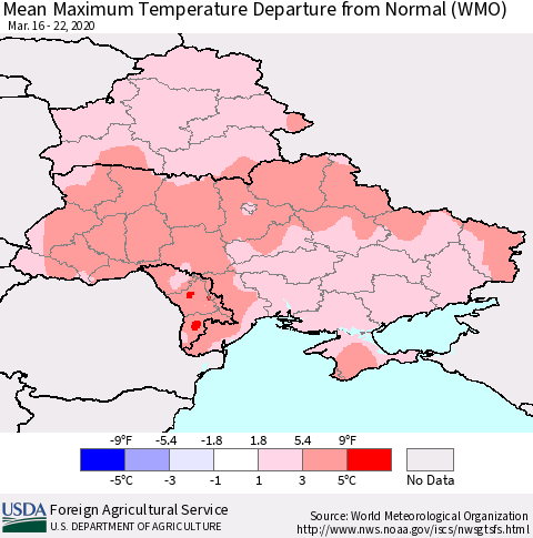 Ukraine, Moldova and Belarus Mean Maximum Temperature Departure from Normal (WMO) Thematic Map For 3/16/2020 - 3/22/2020
