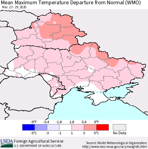 Ukraine, Moldova and Belarus Mean Maximum Temperature Departure from Normal (WMO) Thematic Map For 3/23/2020 - 3/29/2020