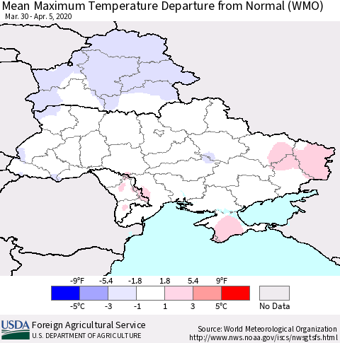 Ukraine, Moldova and Belarus Mean Maximum Temperature Departure from Normal (WMO) Thematic Map For 3/30/2020 - 4/5/2020