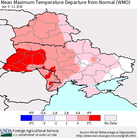 Ukraine, Moldova and Belarus Mean Maximum Temperature Departure from Normal (WMO) Thematic Map For 4/6/2020 - 4/12/2020