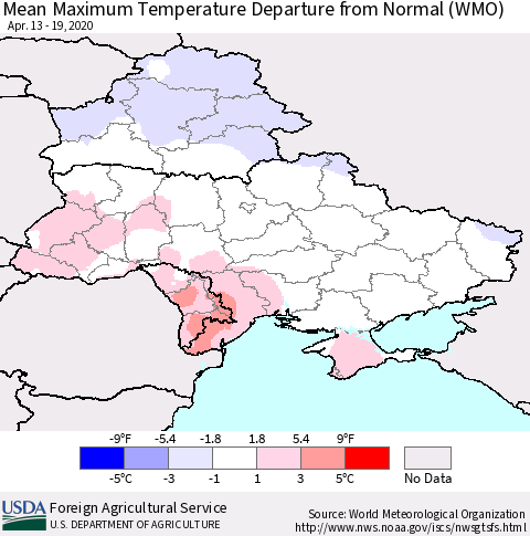 Ukraine, Moldova and Belarus Maximum Temperature Departure From Normal (WMO) Thematic Map For 4/13/2020 - 4/19/2020