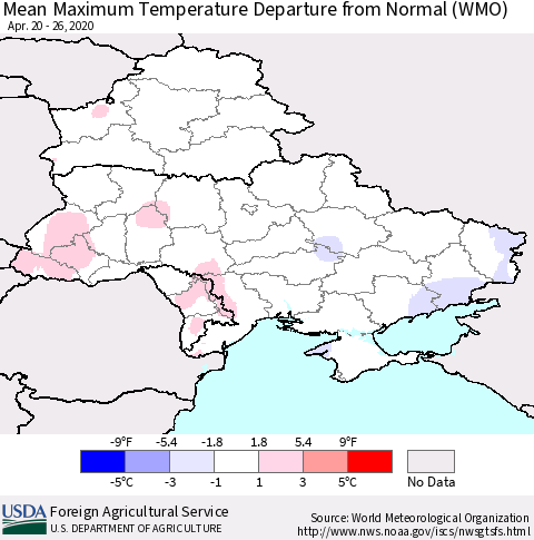 Ukraine, Moldova and Belarus Maximum Temperature Departure From Normal (WMO) Thematic Map For 4/20/2020 - 4/26/2020