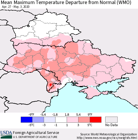 Ukraine, Moldova and Belarus Mean Maximum Temperature Departure from Normal (WMO) Thematic Map For 4/27/2020 - 5/3/2020