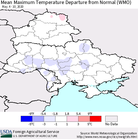 Ukraine, Moldova and Belarus Mean Maximum Temperature Departure from Normal (WMO) Thematic Map For 5/4/2020 - 5/10/2020