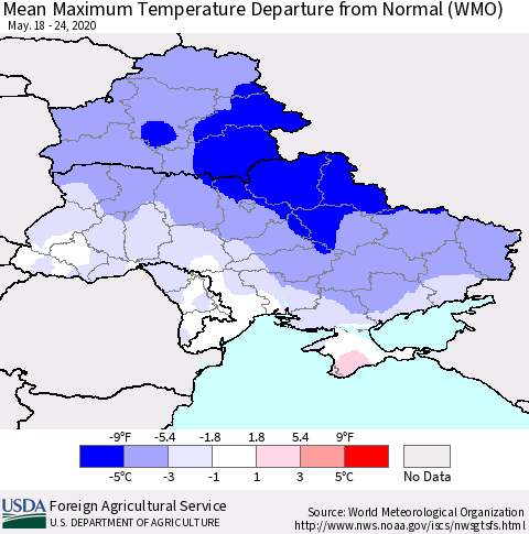Ukraine, Moldova and Belarus Mean Maximum Temperature Departure from Normal (WMO) Thematic Map For 5/18/2020 - 5/24/2020
