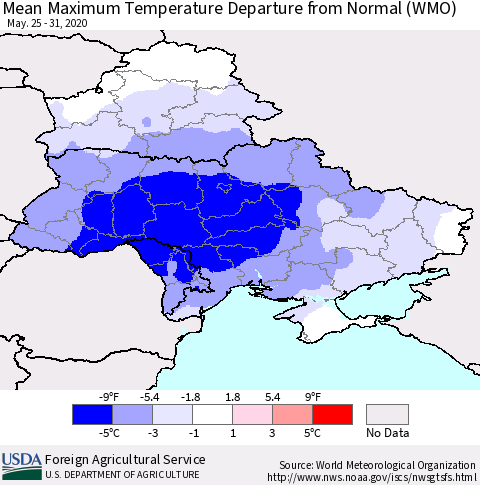 Ukraine, Moldova and Belarus Mean Maximum Temperature Departure from Normal (WMO) Thematic Map For 5/25/2020 - 5/31/2020