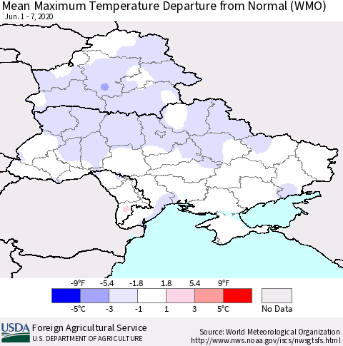Ukraine, Moldova and Belarus Mean Maximum Temperature Departure from Normal (WMO) Thematic Map For 6/1/2020 - 6/7/2020