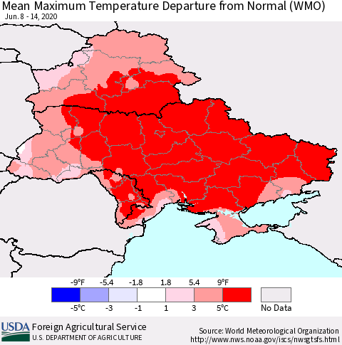 Ukraine, Moldova and Belarus Mean Maximum Temperature Departure from Normal (WMO) Thematic Map For 6/8/2020 - 6/14/2020
