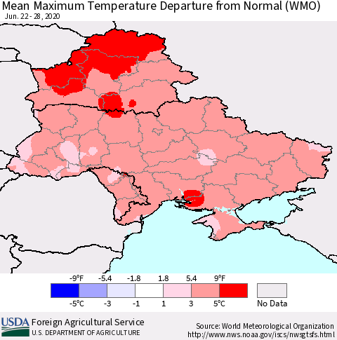 Ukraine, Moldova and Belarus Mean Maximum Temperature Departure from Normal (WMO) Thematic Map For 6/22/2020 - 6/28/2020