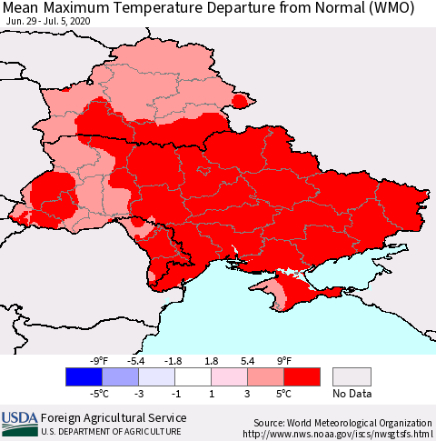 Ukraine, Moldova and Belarus Mean Maximum Temperature Departure from Normal (WMO) Thematic Map For 6/29/2020 - 7/5/2020