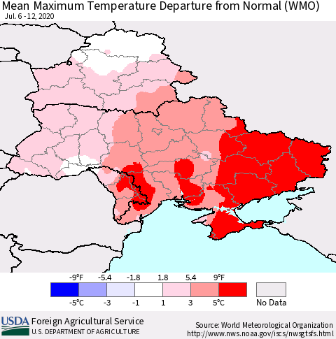 Ukraine, Moldova and Belarus Maximum Temperature Departure From Normal (WMO) Thematic Map For 7/6/2020 - 7/12/2020