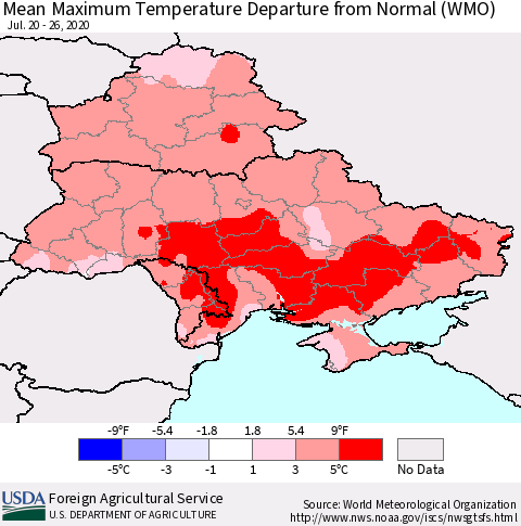 Ukraine, Moldova and Belarus Mean Maximum Temperature Departure from Normal (WMO) Thematic Map For 7/20/2020 - 7/26/2020