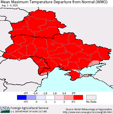 Ukraine, Moldova and Belarus Mean Maximum Temperature Departure from Normal (WMO) Thematic Map For 8/3/2020 - 8/9/2020