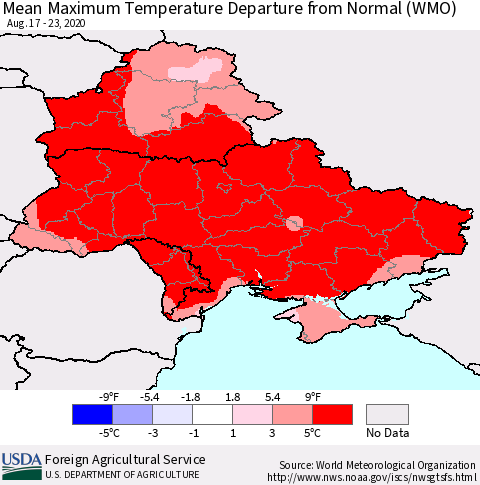 Ukraine, Moldova and Belarus Maximum Temperature Departure From Normal (WMO) Thematic Map For 8/17/2020 - 8/23/2020