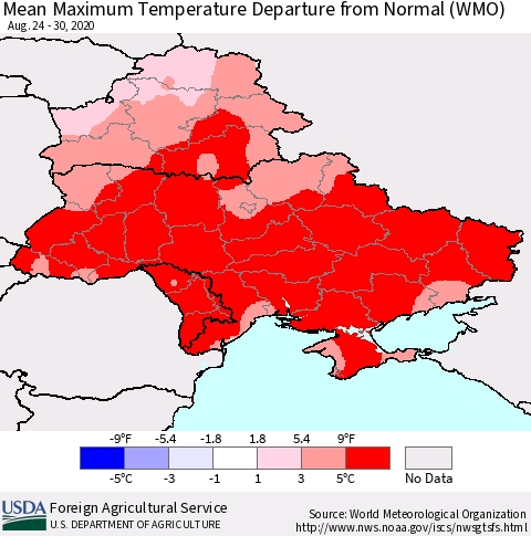 Ukraine, Moldova and Belarus Mean Maximum Temperature Departure from Normal (WMO) Thematic Map For 8/24/2020 - 8/30/2020