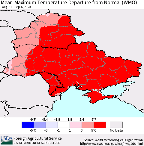 Ukraine, Moldova and Belarus Mean Maximum Temperature Departure from Normal (WMO) Thematic Map For 8/31/2020 - 9/6/2020