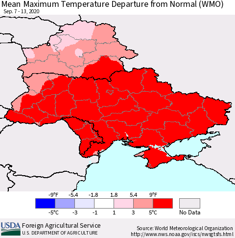 Ukraine, Moldova and Belarus Mean Maximum Temperature Departure from Normal (WMO) Thematic Map For 9/7/2020 - 9/13/2020
