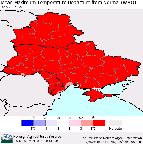 Ukraine, Moldova and Belarus Mean Maximum Temperature Departure from Normal (WMO) Thematic Map For 9/21/2020 - 9/27/2020