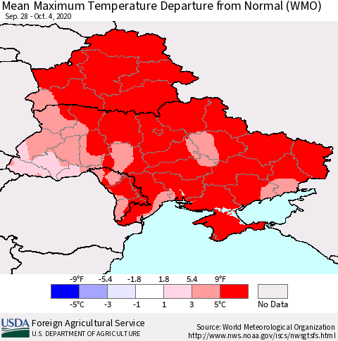 Ukraine, Moldova and Belarus Mean Maximum Temperature Departure from Normal (WMO) Thematic Map For 9/28/2020 - 10/4/2020