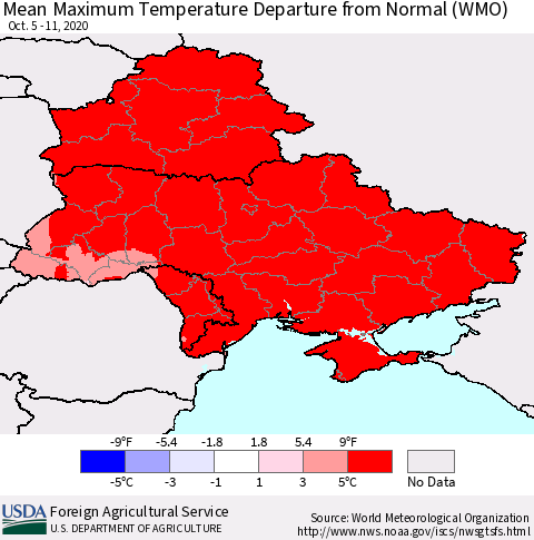 Ukraine, Moldova and Belarus Maximum Temperature Departure From Normal (WMO) Thematic Map For 10/5/2020 - 10/11/2020