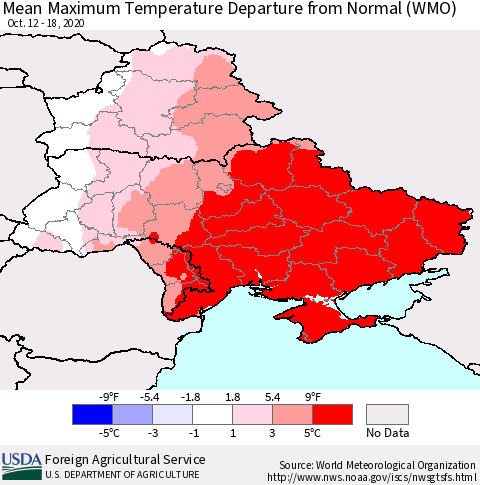 Ukraine, Moldova and Belarus Mean Maximum Temperature Departure from Normal (WMO) Thematic Map For 10/12/2020 - 10/18/2020