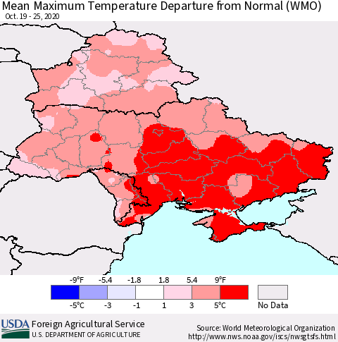 Ukraine, Moldova and Belarus Mean Maximum Temperature Departure from Normal (WMO) Thematic Map For 10/19/2020 - 10/25/2020