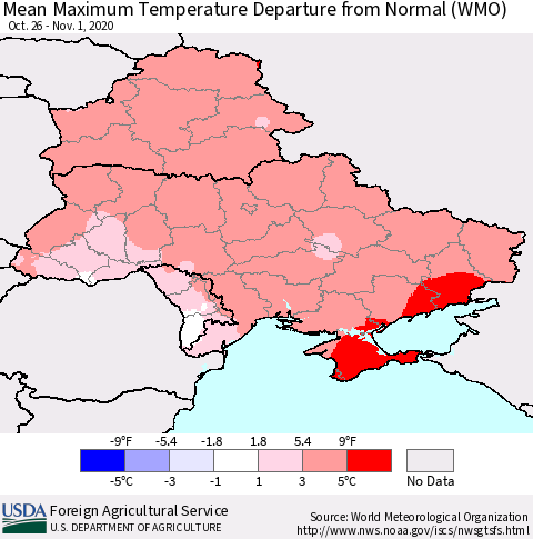 Ukraine, Moldova and Belarus Mean Maximum Temperature Departure from Normal (WMO) Thematic Map For 10/26/2020 - 11/1/2020