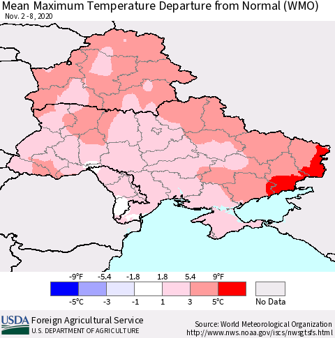 Ukraine, Moldova and Belarus Maximum Temperature Departure From Normal (WMO) Thematic Map For 11/2/2020 - 11/8/2020