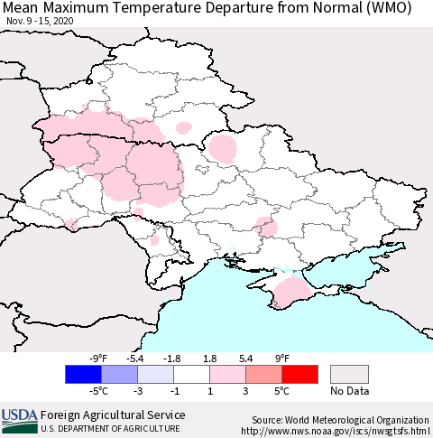 Ukraine, Moldova and Belarus Mean Maximum Temperature Departure from Normal (WMO) Thematic Map For 11/9/2020 - 11/15/2020