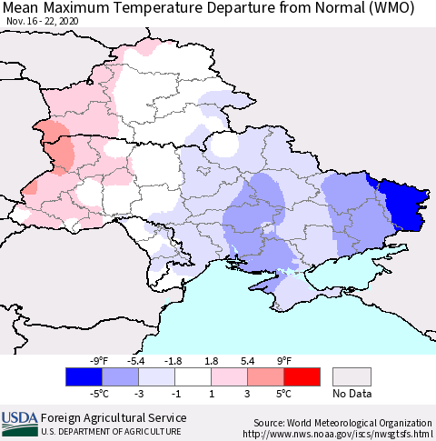 Ukraine, Moldova and Belarus Mean Maximum Temperature Departure from Normal (WMO) Thematic Map For 11/16/2020 - 11/22/2020