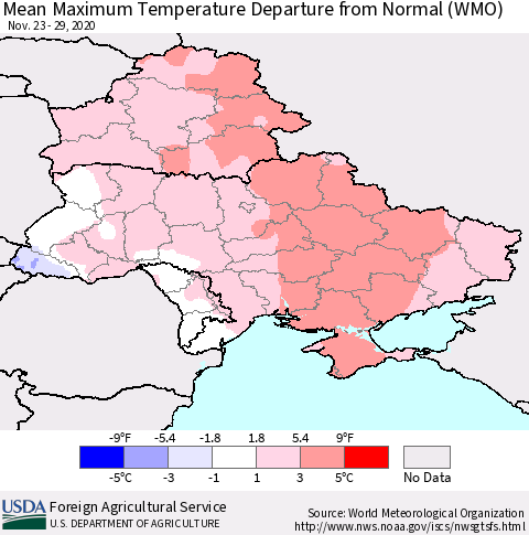 Ukraine, Moldova and Belarus Mean Maximum Temperature Departure from Normal (WMO) Thematic Map For 11/23/2020 - 11/29/2020