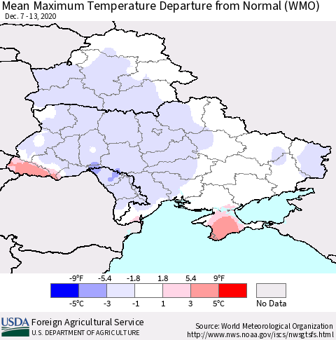 Ukraine, Moldova and Belarus Mean Maximum Temperature Departure from Normal (WMO) Thematic Map For 12/7/2020 - 12/13/2020