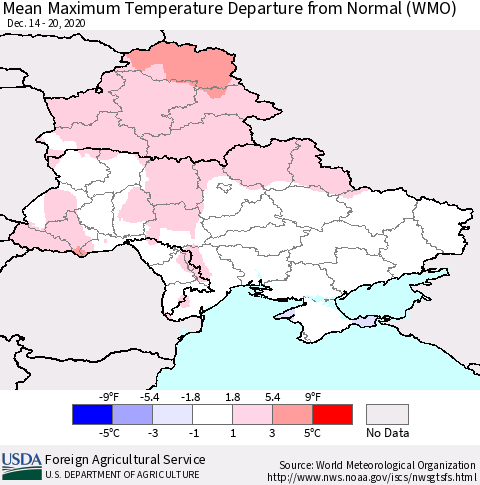 Ukraine, Moldova and Belarus Mean Maximum Temperature Departure from Normal (WMO) Thematic Map For 12/14/2020 - 12/20/2020