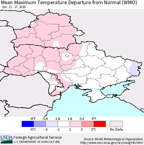Ukraine, Moldova and Belarus Maximum Temperature Departure From Normal (WMO) Thematic Map For 12/21/2020 - 12/27/2020