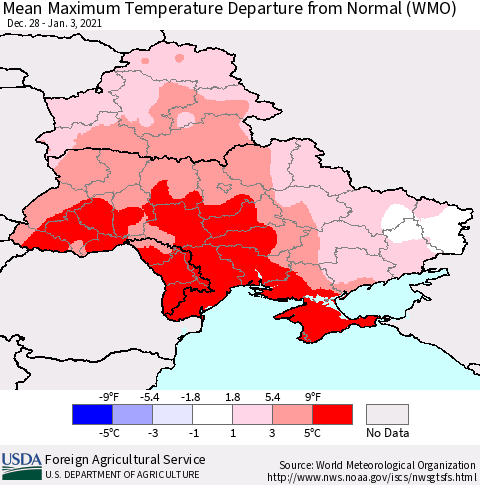 Ukraine, Moldova and Belarus Mean Maximum Temperature Departure from Normal (WMO) Thematic Map For 12/28/2020 - 1/3/2021