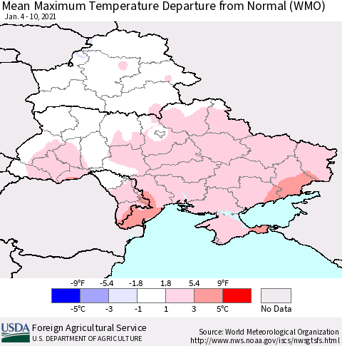 Ukraine, Moldova and Belarus Mean Maximum Temperature Departure from Normal (WMO) Thematic Map For 1/4/2021 - 1/10/2021