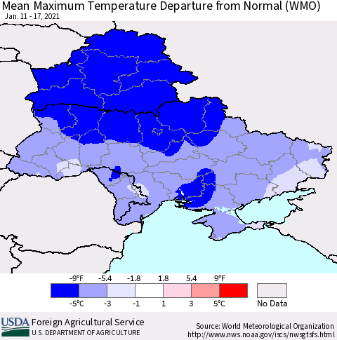 Ukraine, Moldova and Belarus Mean Maximum Temperature Departure from Normal (WMO) Thematic Map For 1/11/2021 - 1/17/2021
