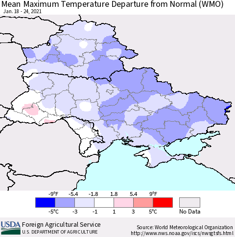 Ukraine, Moldova and Belarus Mean Maximum Temperature Departure from Normal (WMO) Thematic Map For 1/18/2021 - 1/24/2021