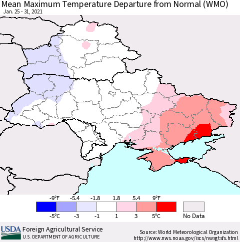 Ukraine, Moldova and Belarus Mean Maximum Temperature Departure from Normal (WMO) Thematic Map For 1/25/2021 - 1/31/2021