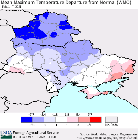 Ukraine, Moldova and Belarus Mean Maximum Temperature Departure from Normal (WMO) Thematic Map For 2/1/2021 - 2/7/2021