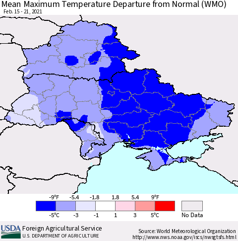 Ukraine, Moldova and Belarus Mean Maximum Temperature Departure from Normal (WMO) Thematic Map For 2/15/2021 - 2/21/2021