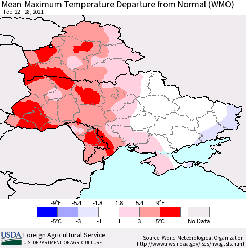 Ukraine, Moldova and Belarus Mean Maximum Temperature Departure from Normal (WMO) Thematic Map For 2/22/2021 - 2/28/2021