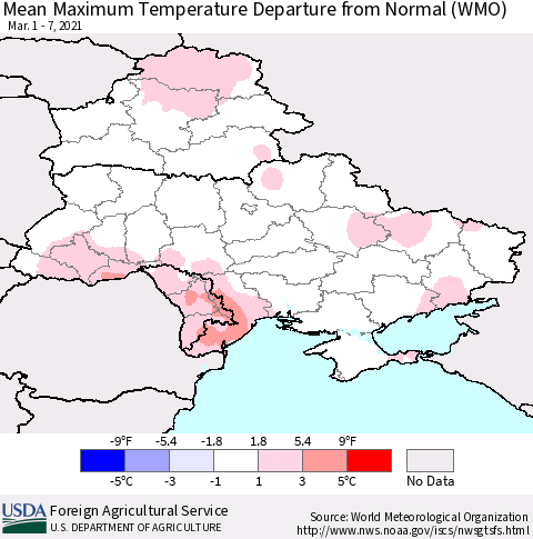 Ukraine, Moldova and Belarus Mean Maximum Temperature Departure from Normal (WMO) Thematic Map For 3/1/2021 - 3/7/2021