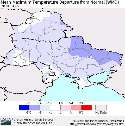 Ukraine, Moldova and Belarus Mean Maximum Temperature Departure from Normal (WMO) Thematic Map For 3/8/2021 - 3/14/2021