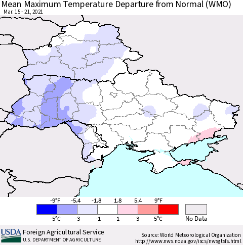 Ukraine, Moldova and Belarus Mean Maximum Temperature Departure from Normal (WMO) Thematic Map For 3/15/2021 - 3/21/2021