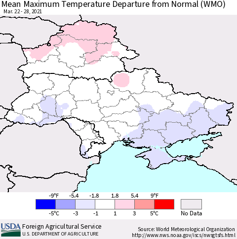Ukraine, Moldova and Belarus Mean Maximum Temperature Departure from Normal (WMO) Thematic Map For 3/22/2021 - 3/28/2021