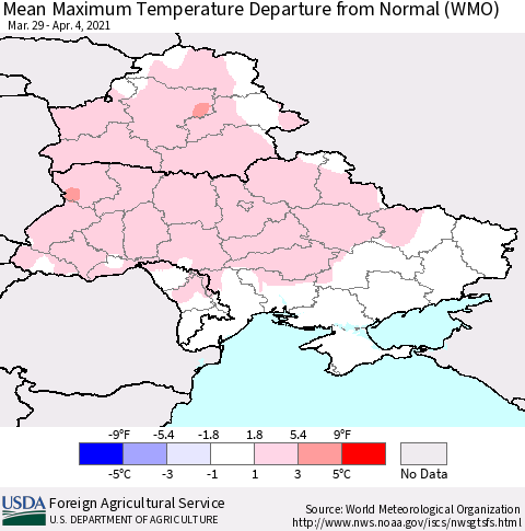 Ukraine, Moldova and Belarus Mean Maximum Temperature Departure from Normal (WMO) Thematic Map For 3/29/2021 - 4/4/2021